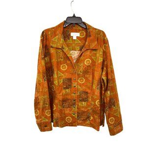 CJ Banks Jacket Womens 1X Linen Blend Snap Front Orange Multi Vintage Used